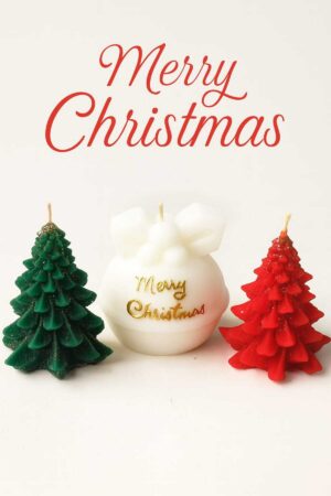 Yılbaşı Soya Mum Seti – Yeşil & Kırmızı Ağaç + Merry Christmas Çan